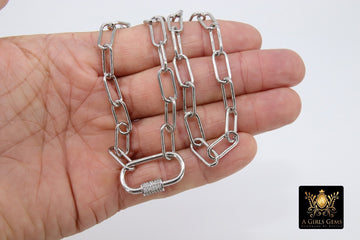 Silver Chain Choker, Paper Clip Chain Necklace, CZ Oval Screw Clasps, Thick Rectangle Chain, Gold, Black, Rose, Silver